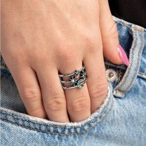 NEW Blue Iridescent Moon & Stars Diamond Galaxy Stretch Band Silver Ring Jewelry